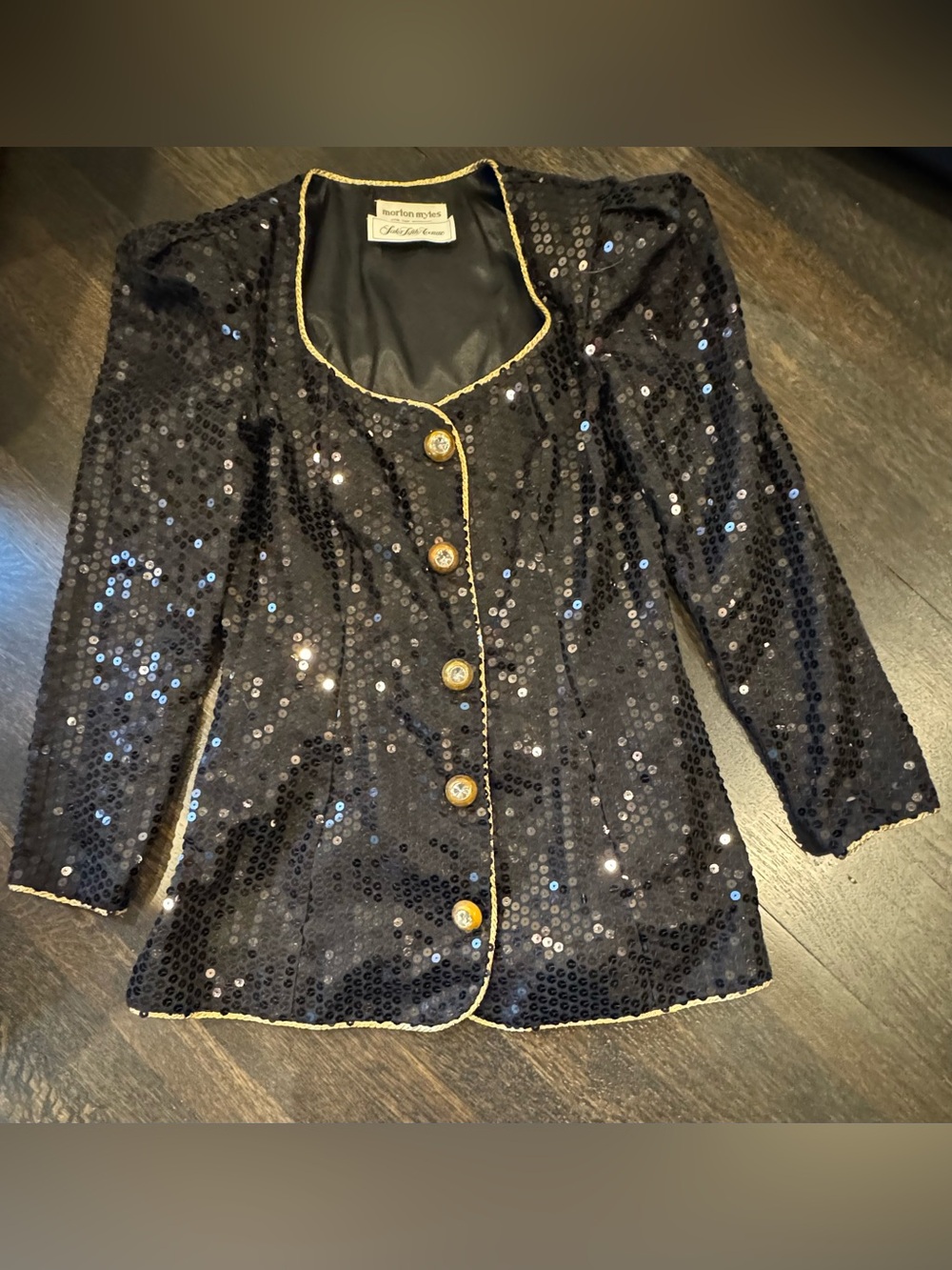 VTG Morton Myles Black Sequin Gold Trim Jacket 10